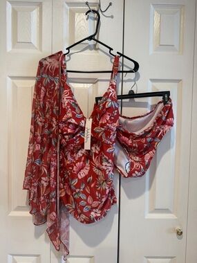 Nicole Miller Red Floral Swim Bikini Set with Cover-Up